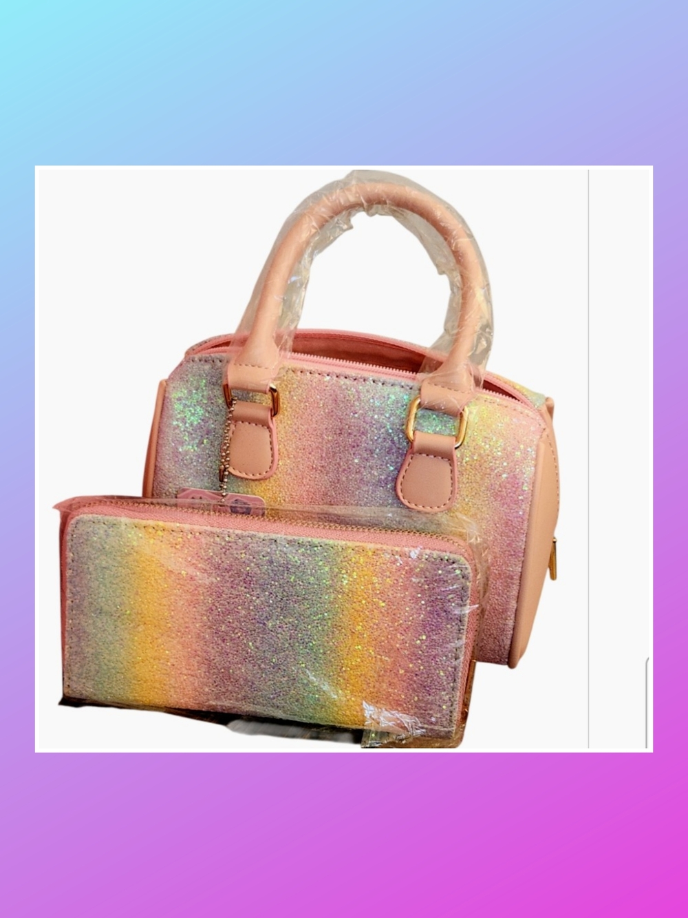 Colorful Glitter Rainbow Mini Handbag and Wallet Set - Pink■ Spring Vibes